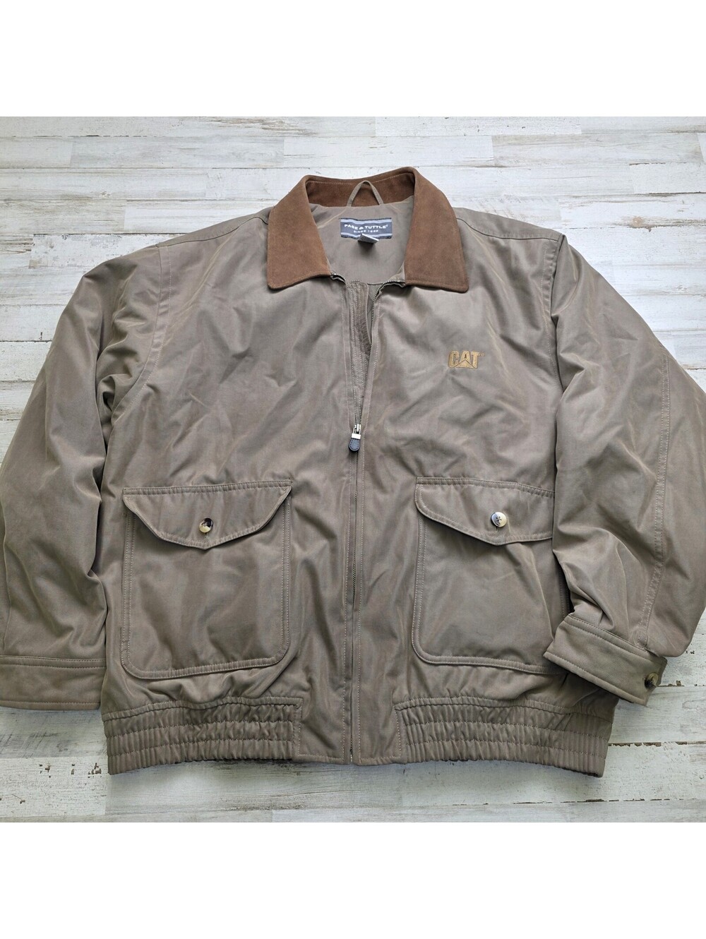 Page & Tuttle Harrington Beige Bomber Jacket Mens CAT Caterpillar Logo Men's XL